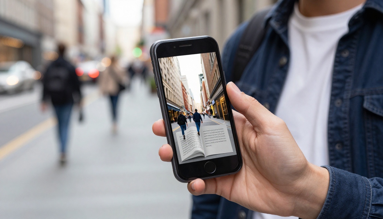 A young professional holding a smartphone showing a mobile-responsive digital flipbook on a busy urban sidewalk with blurred city background