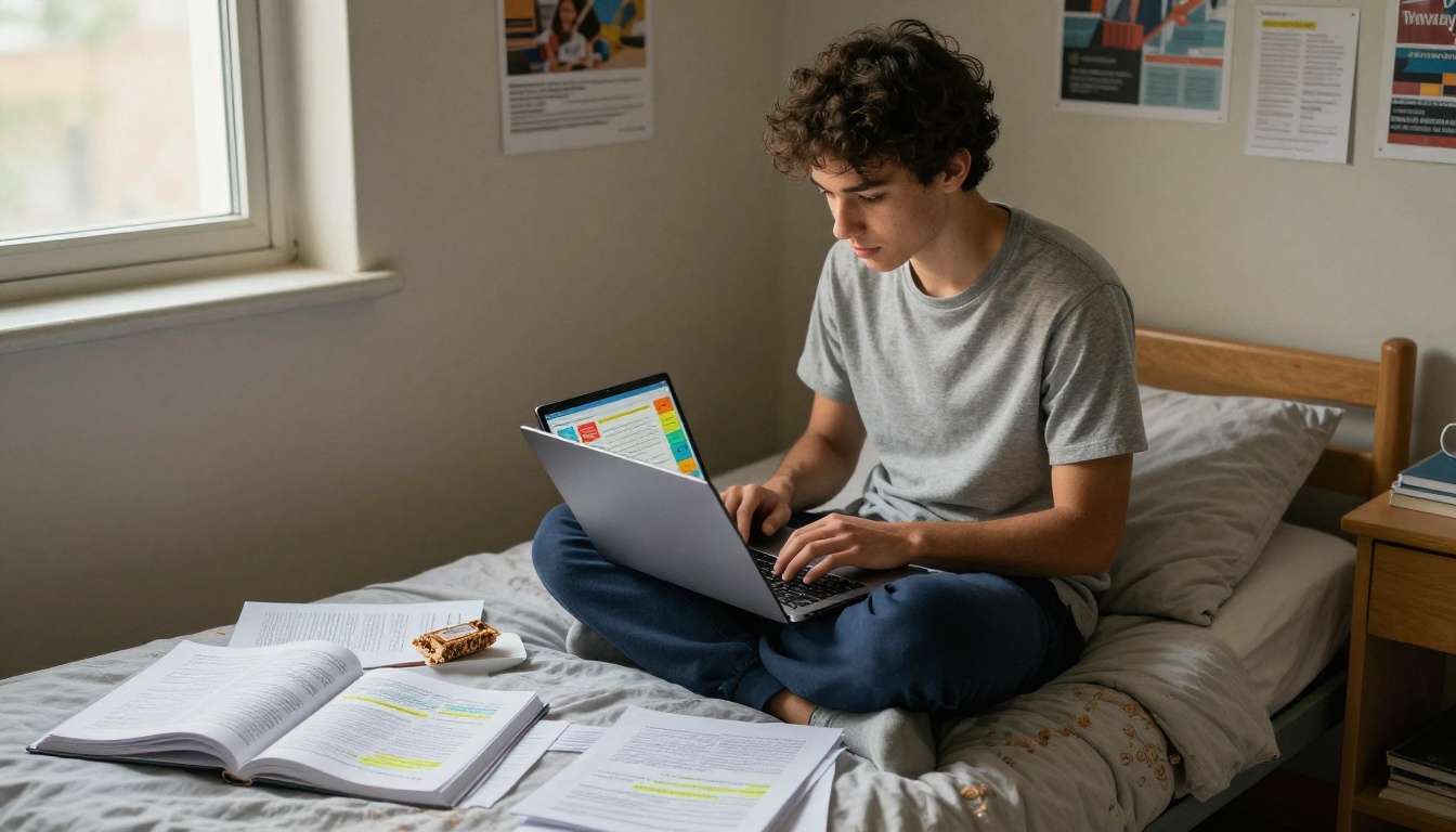 Student studying on laptop in dormitory room surrounded by lecture notes Student studying on laptop in dormitory room surrounded by lecture notes