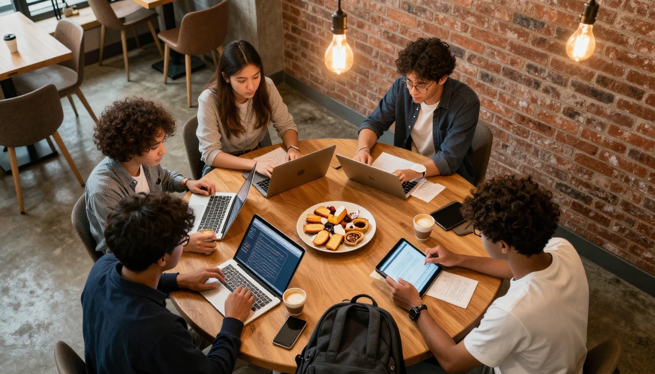 Diverse student study group sharing a flipbook on multiple devices in a campus cafe Diverse student study group sharing a flipbook on multiple devices in a campus cafe