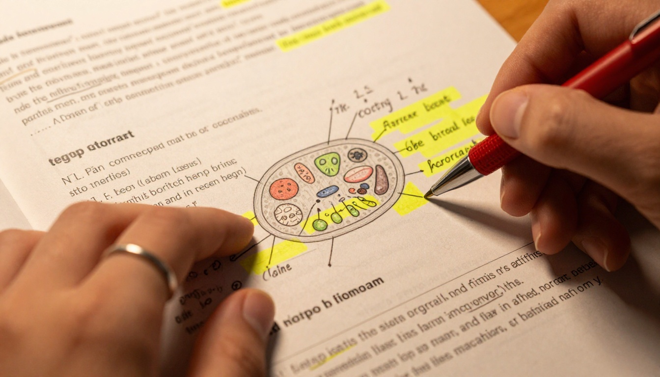 Macro close-up of biology lecture notes with cell diagrams being annotated by hand Macro close-up of biology lecture notes with cell diagrams being annotated by hand