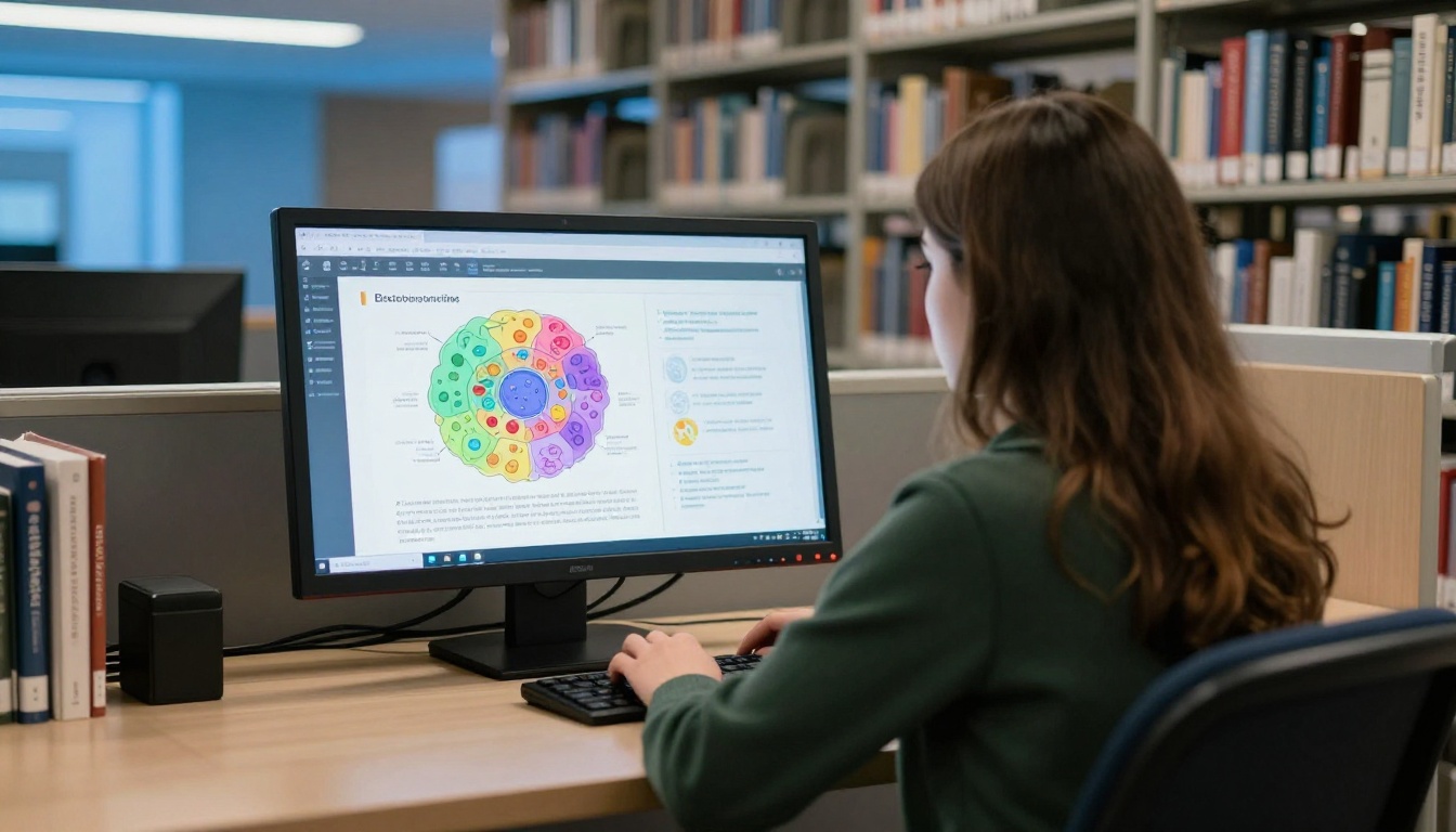 Student reviewing digital flipbook on large monitor in university library Student reviewing digital flipbook on large monitor in university library
