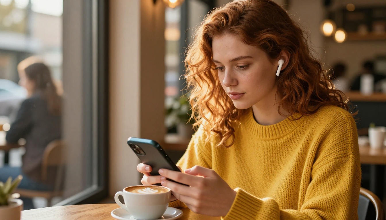 Student scrolling through flipbook study notes on smartphone at a coffee shop