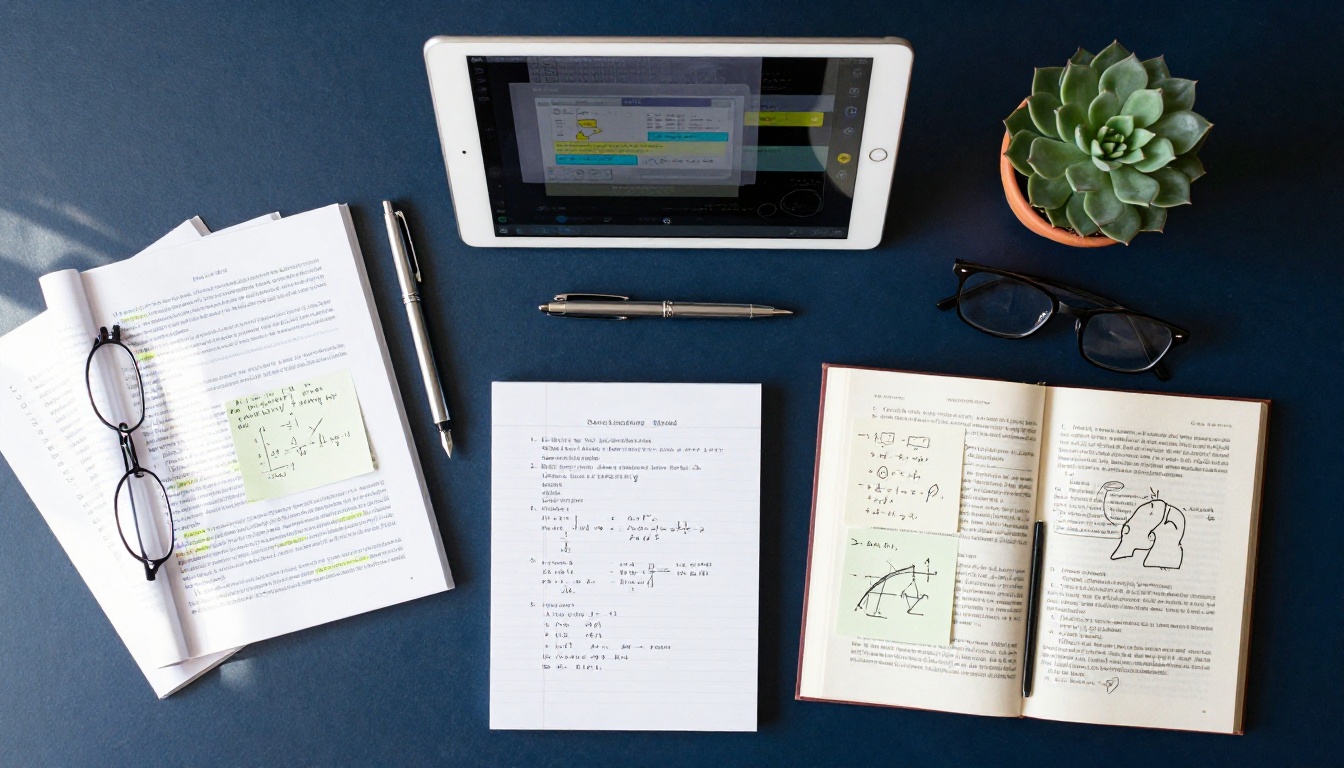Academic study essentials flat lay including tablet with flipbook, fountain pen, glasses, and notes