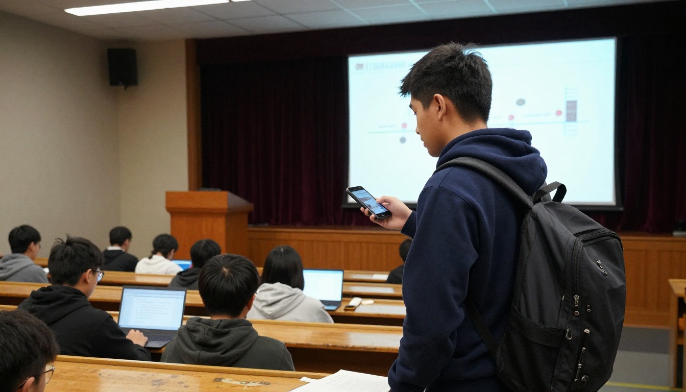 Student capturing lecture hall presentation with smartphone for later note-taking and study