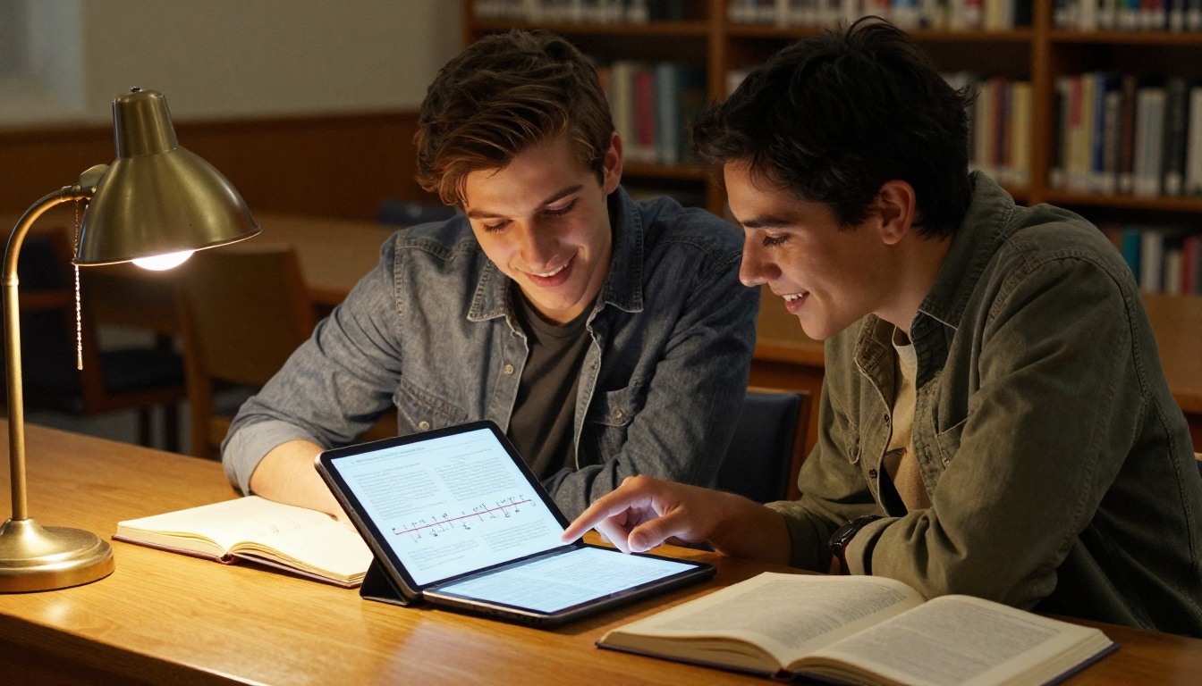 Two students collaborating over a shared flipbook on a tablet at a library table