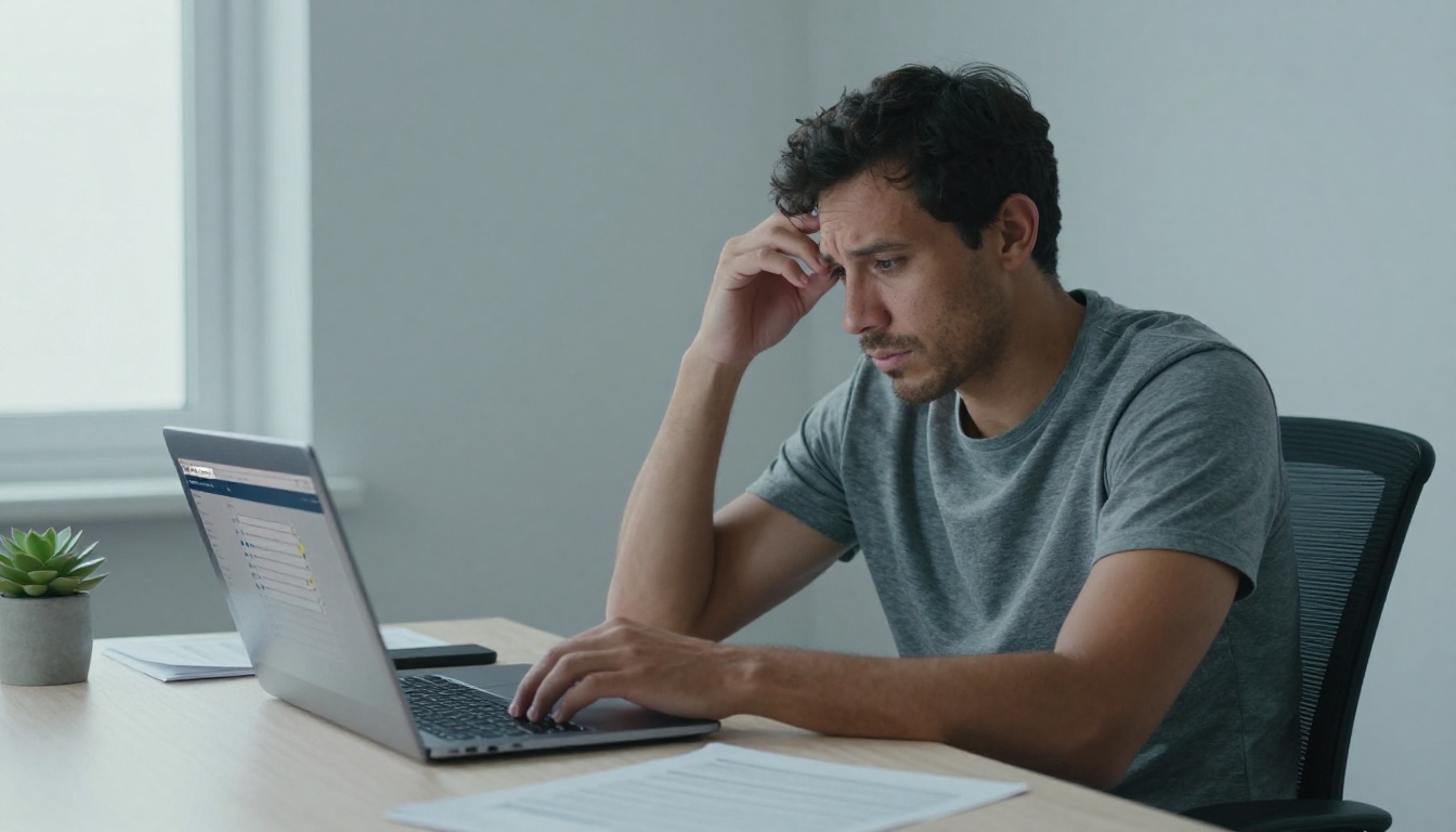 A man showing scroll fatigue at his desk, staring at a laptop with one hand on his temple in a modern minimalist home office A man showing scroll fatigue at his desk, staring at a laptop with one hand on his temple in a modern minimalist home office