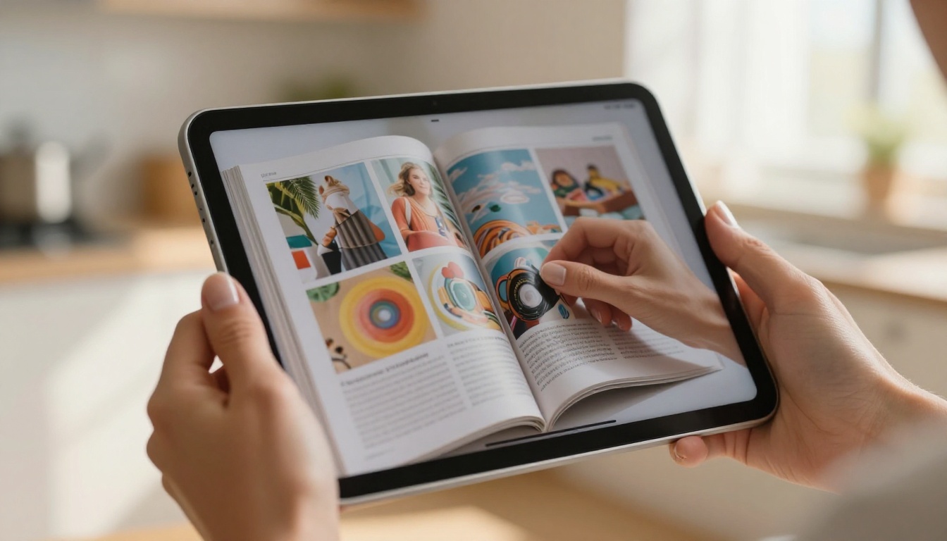 Close-up of elegant female hands holding a tablet displaying a page-turn animation mid-flip with a beautifully designed editorial magazine layout