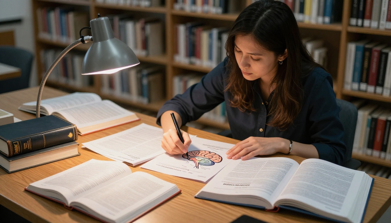 A neuroscience researcher sitting at a university library table surrounded by cognitive psychology textbooks, her hand gesturing over a brain diagram A neuroscience researcher sitting at a university library table surrounded by cognitive psychology textbooks, her hand gesturing over a brain diagram