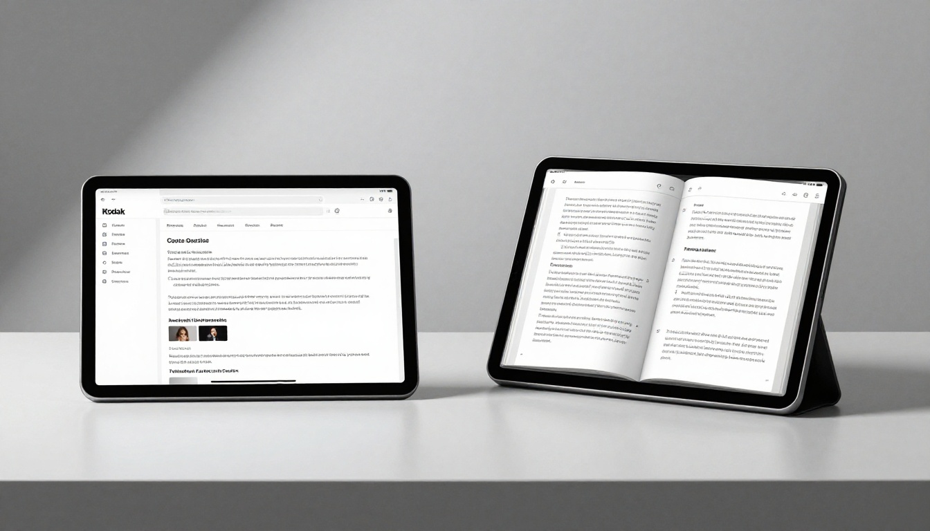 Two tablets on a clean white desk side by side, one showing a scrolling webpage and one showing a beautifully designed flipbook Two tablets on a clean white desk side by side, one showing a scrolling webpage and one showing a beautifully designed flipbook