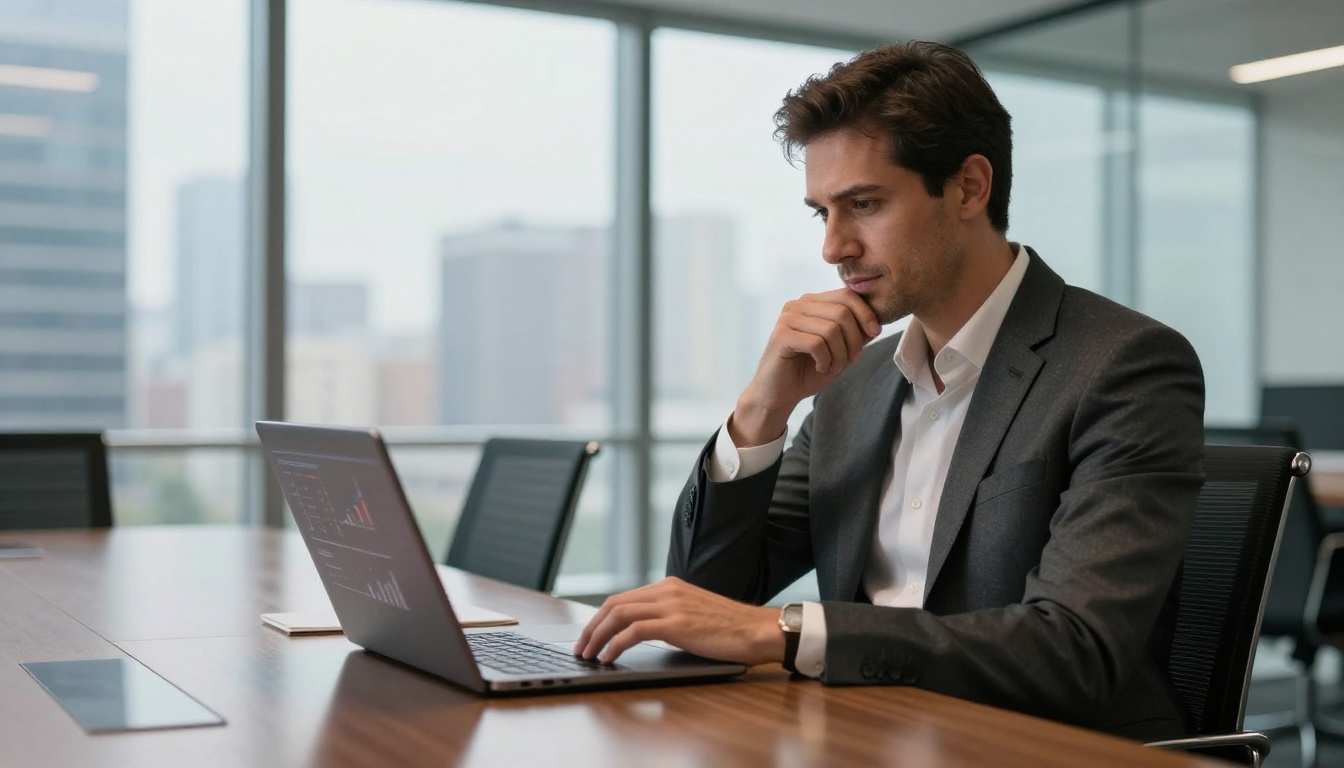 A confident businessman in a tailored charcoal suit reviewing a digital annual report flipbook on a laptop in a glass-walled conference room