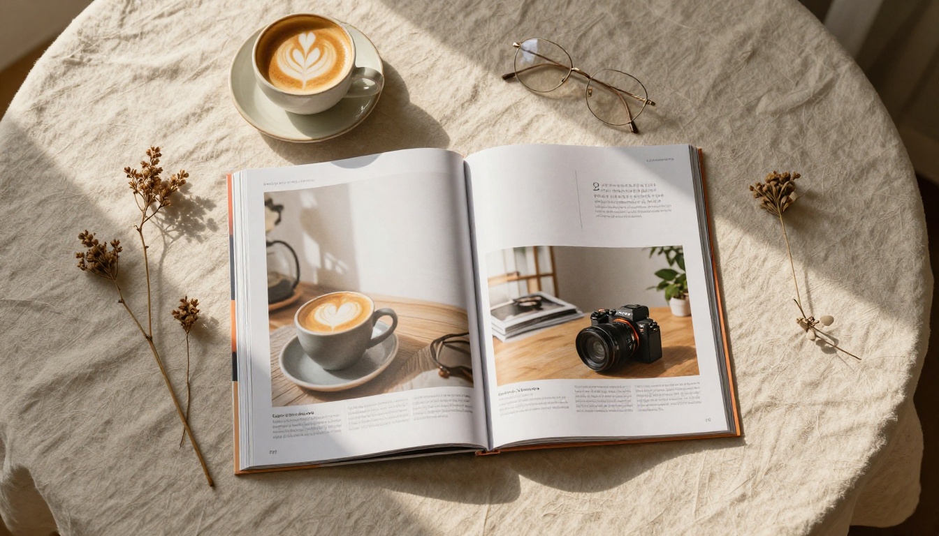 A beautifully styled lifestyle magazine open on a rustic linen tablecloth next to a ceramic coffee cup with latte art in warm morning light A beautifully styled lifestyle magazine open on a rustic linen tablecloth next to a ceramic coffee cup with latte art in warm morning light