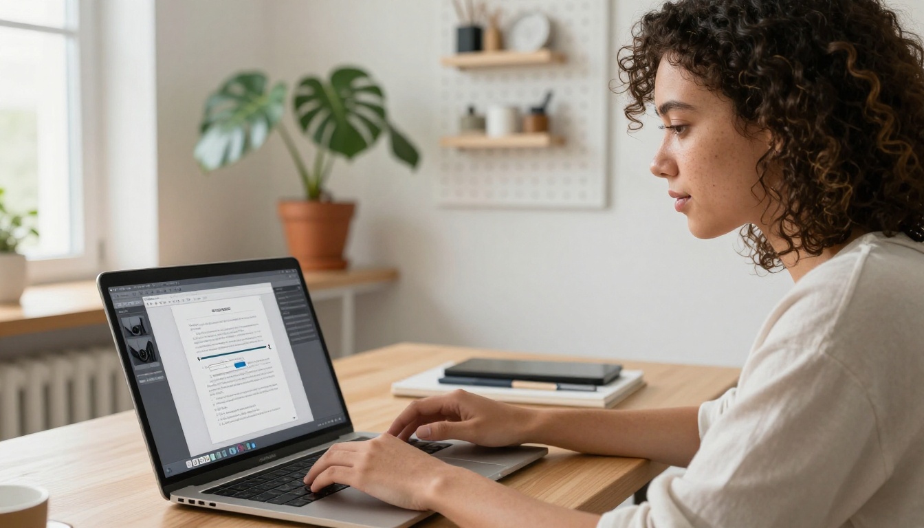 A young creative woman with natural curly hair uploading a PDF document to a laptop in a bright modern workspace