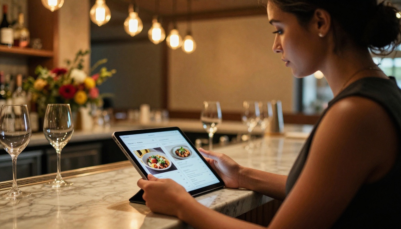 A restaurant owner with warm olive skin standing at a marble bar counter holding a tablet showing a beautifully designed digital menu in flipbook format A restaurant owner with warm olive skin standing at a marble bar counter holding a tablet showing a beautifully designed digital menu in flipbook format