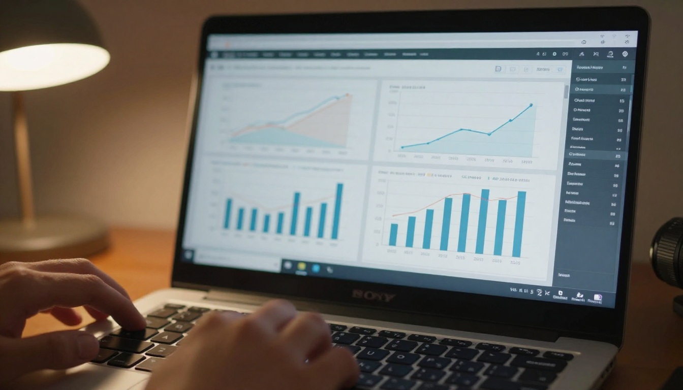 A laptop screen displaying a web analytics dashboard with reading engagement graphs and time-on-page metrics