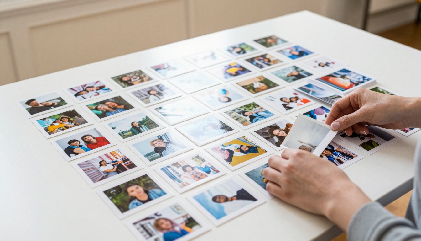 Organizing Instagram photos on white table