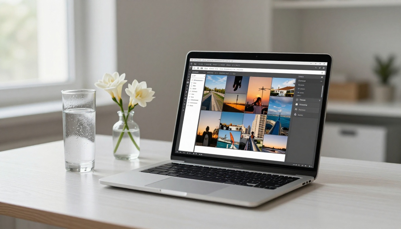 Laptop with photo layout software on clean minimal desk