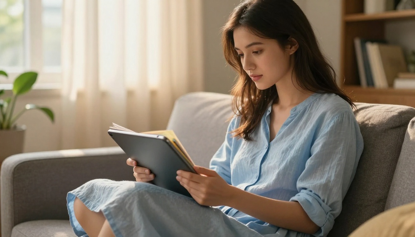 Woman on grey couch holding tablet showing digital flipbook