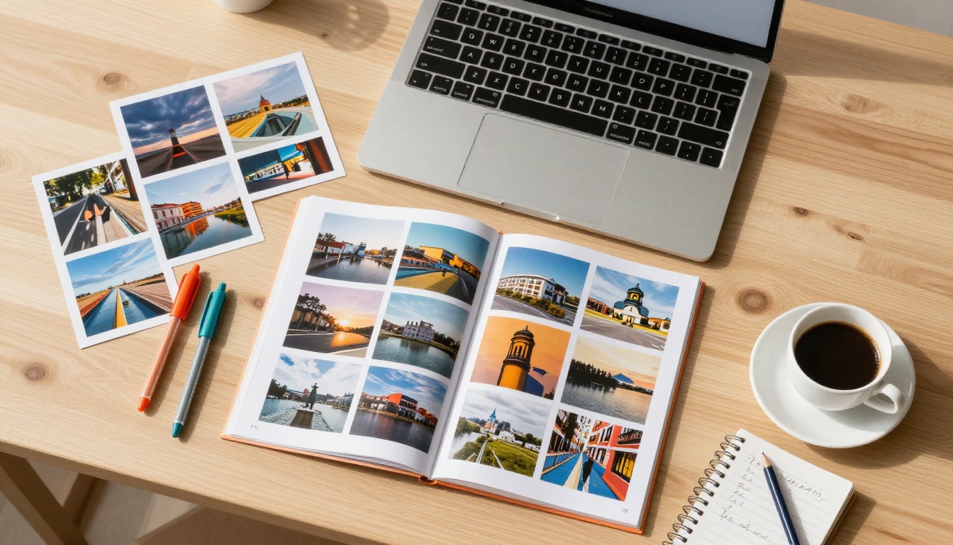 Flat-lay overhead workspace with laptop and printed photos