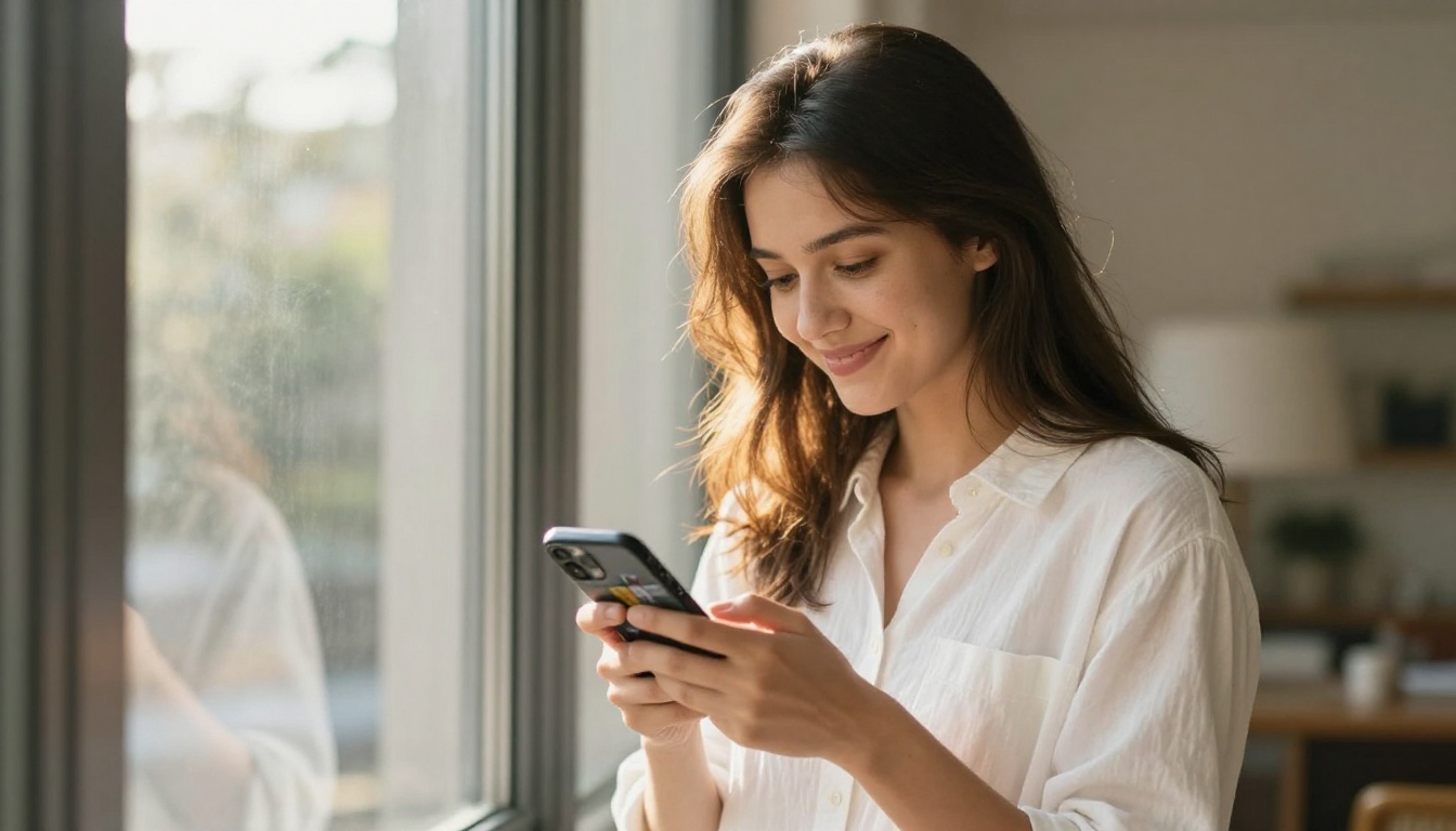 Young woman standing at window scrolling Instagram on phone