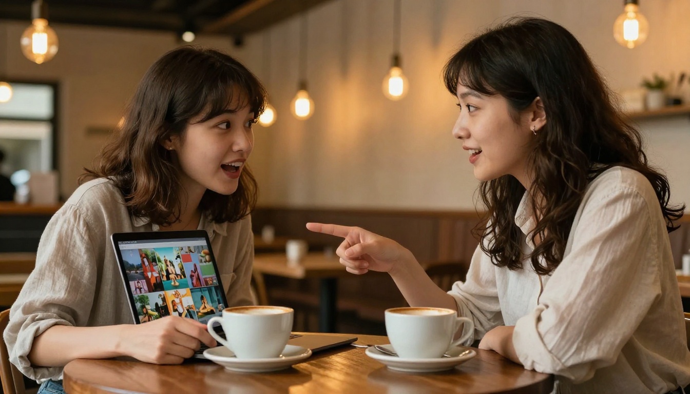 Two women at cafe table looking at flipbook on laptop