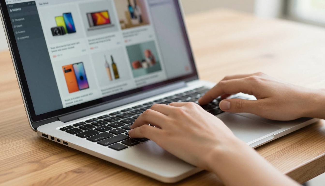 Close-up of hands typing on a laptop with a colorful digital catalog PDF visible on screen Close-up of hands typing on a laptop with a colorful digital catalog PDF visible on screen