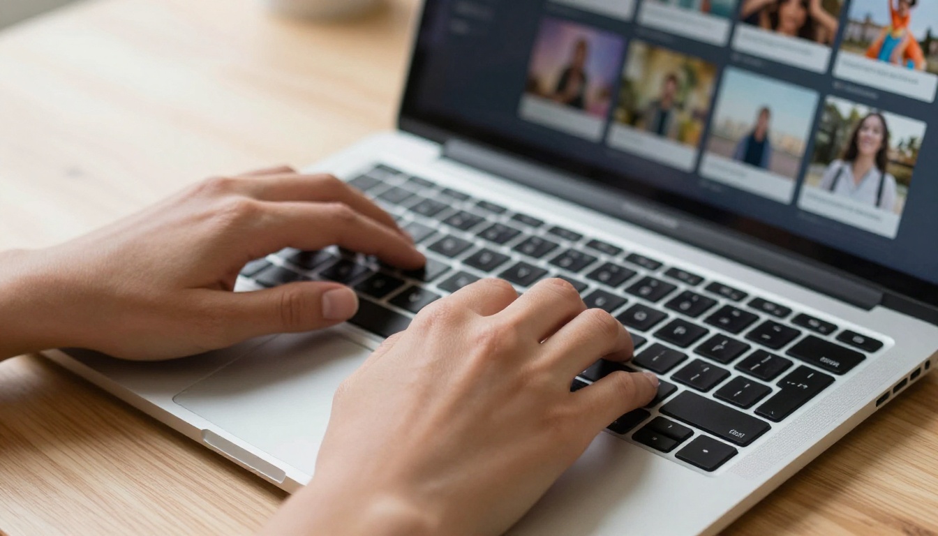 Hands typing on silver laptop keyboard with upload interface