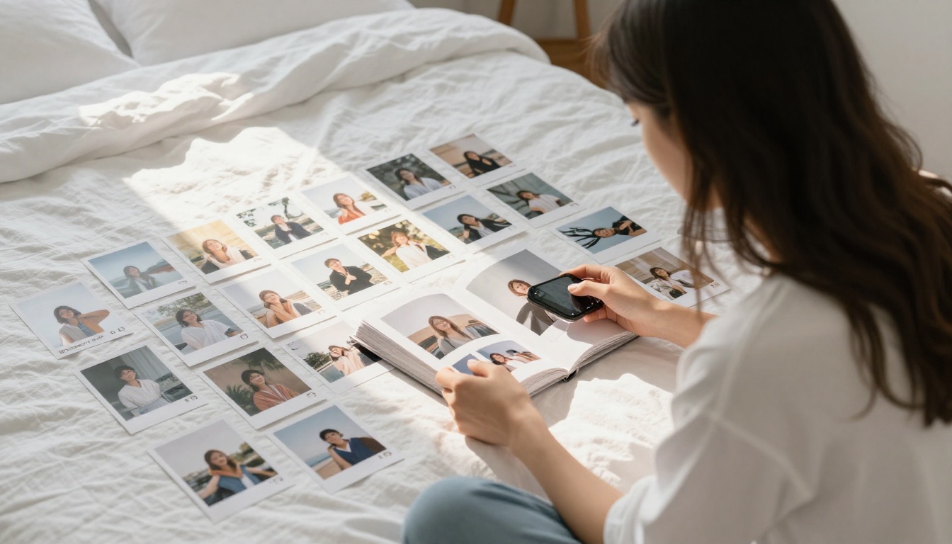 Woman sitting on bed photographing printed Instagram photos on white linen