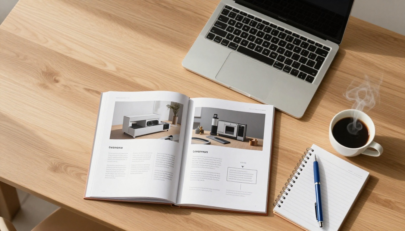 Overhead flat lay of a desk with an open product catalog, laptop, notepad, and coffee Overhead flat lay of a desk with an open product catalog, laptop, notepad, and coffee