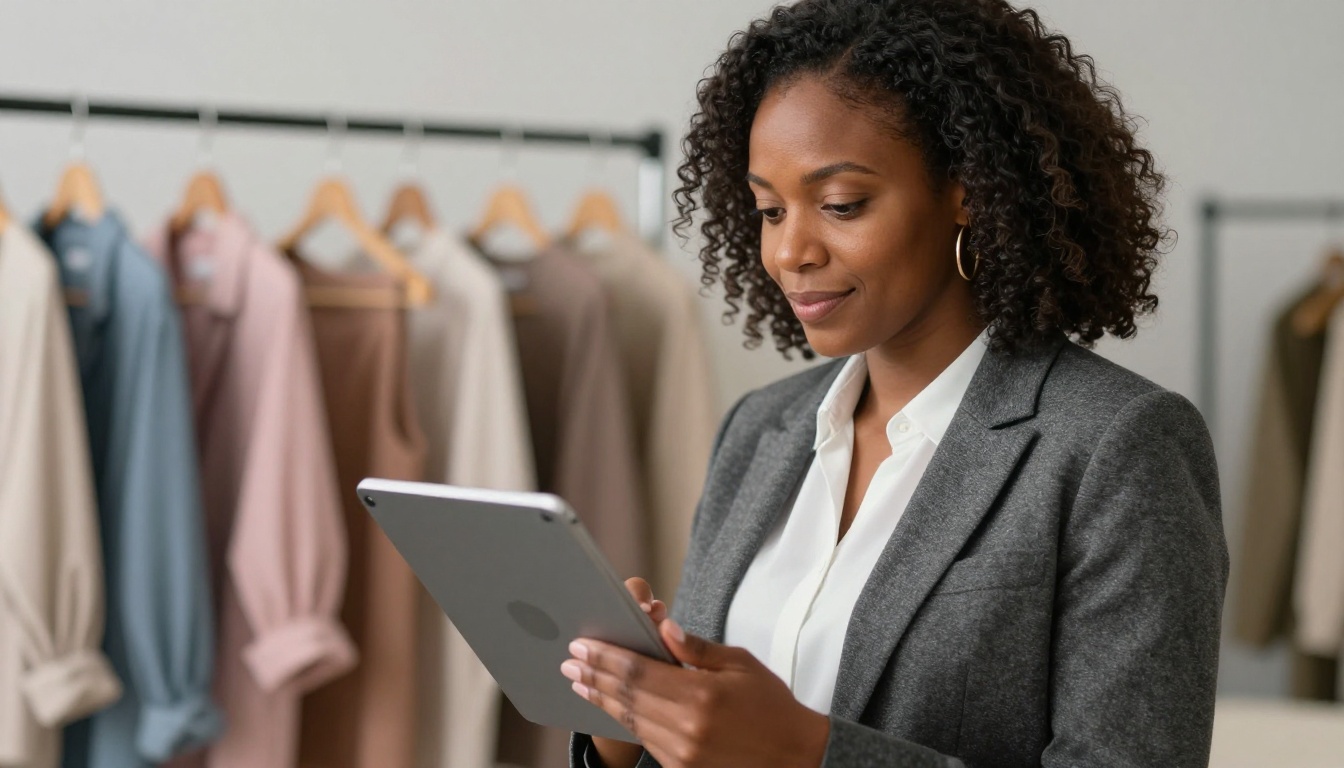 A confident woman swiping through a digital fashion catalog on a tablet in a boutique A confident woman swiping through a digital fashion catalog on a tablet in a boutique