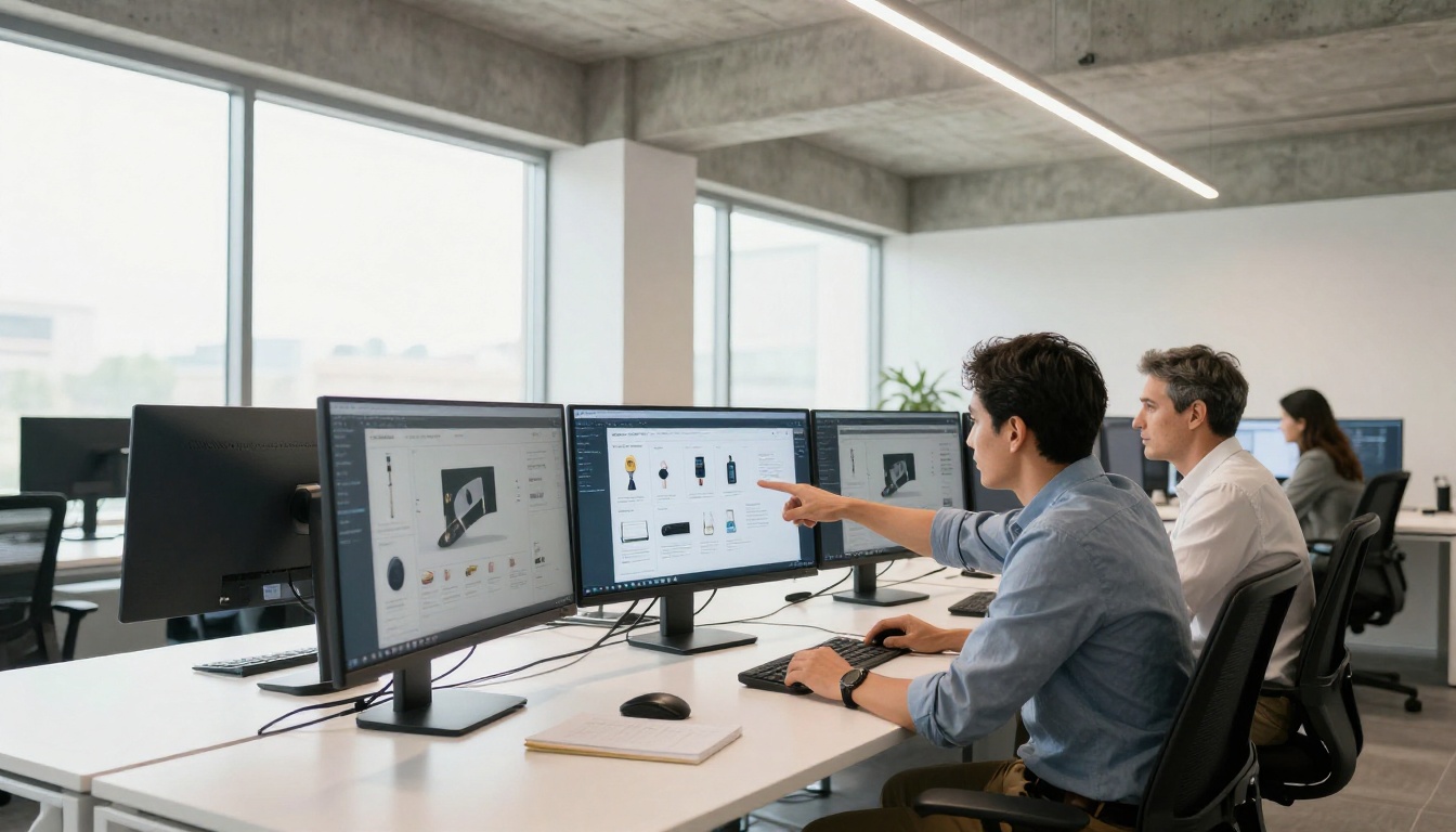 A team of three professionals gathered around a monitor reviewing a product catalog in a modern office A team of three professionals gathered around a monitor reviewing a product catalog in a modern office