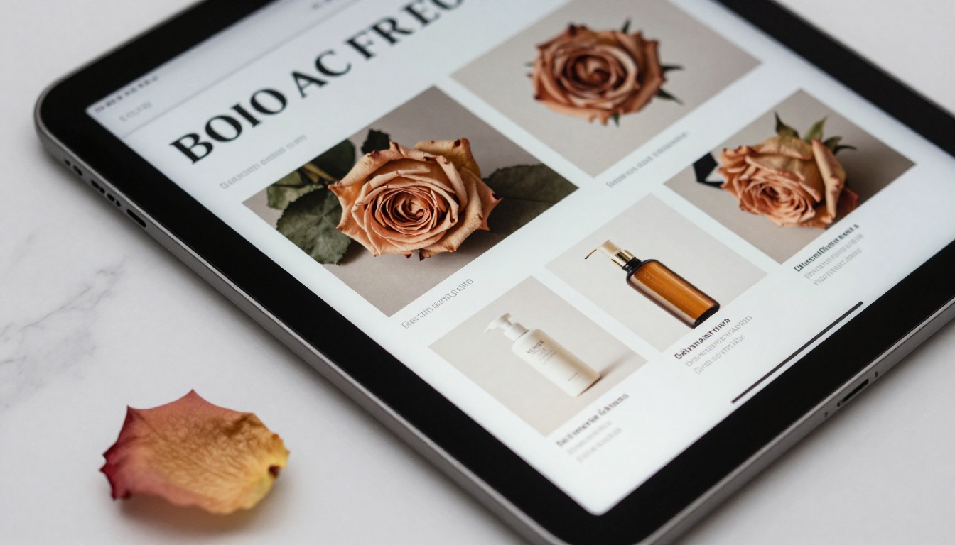 Close-up macro of a tablet displaying a beautifully designed digital catalog page on a white marble surface Close-up macro of a tablet displaying a beautifully designed digital catalog page on a white marble surface