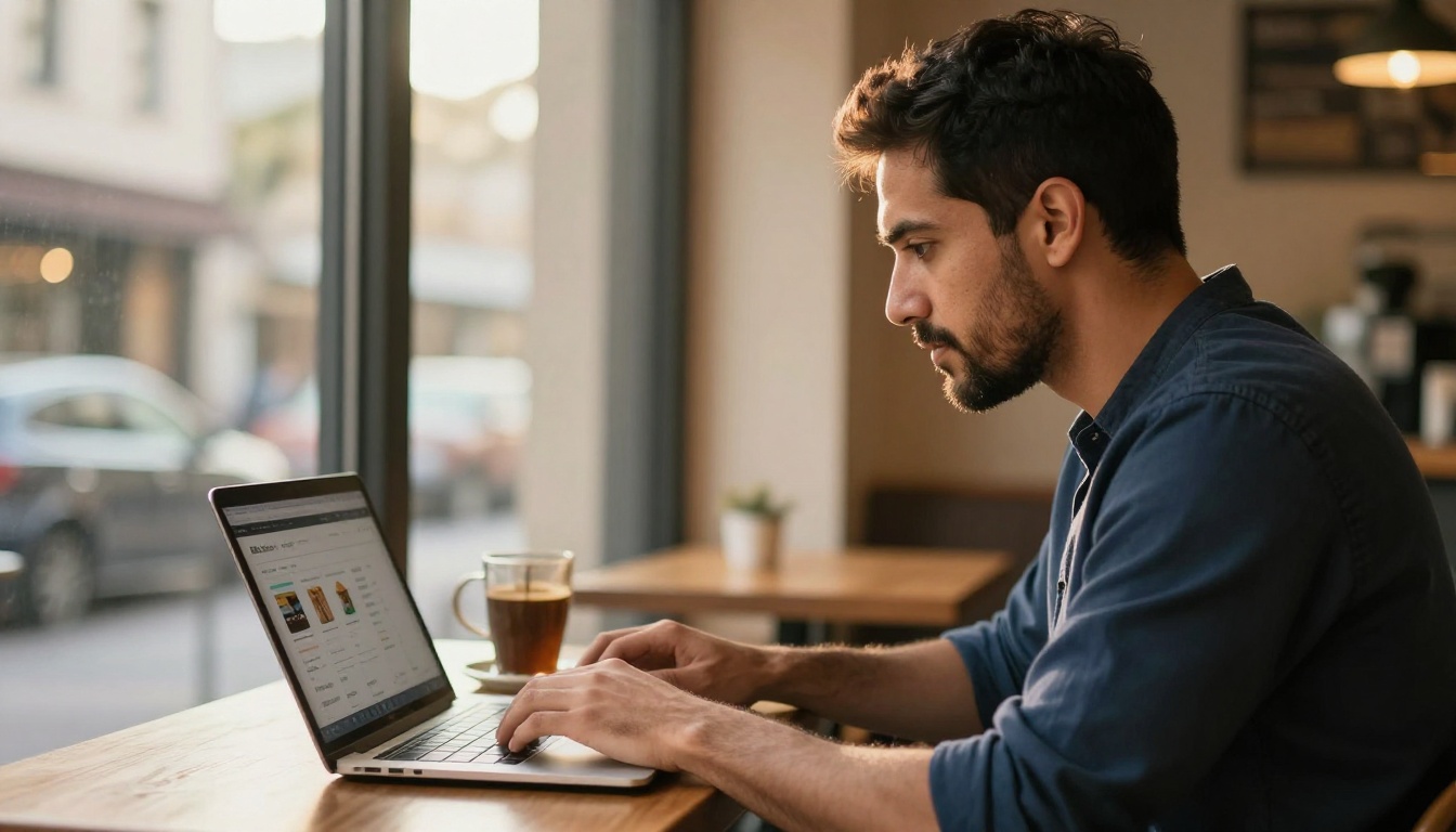 A man at a cafe table focused on a catalog builder on his laptop with warm afternoon light behind him