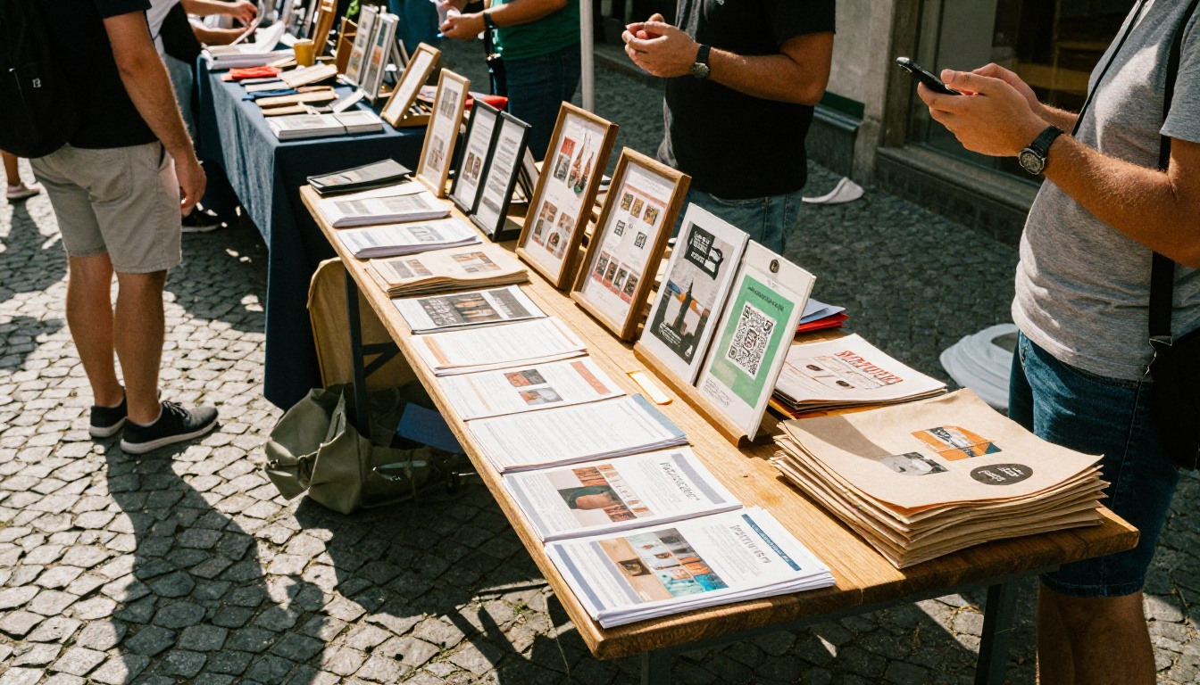 A customer at an outdoor market booth scanning a QR code on their phone to view a digital catalog