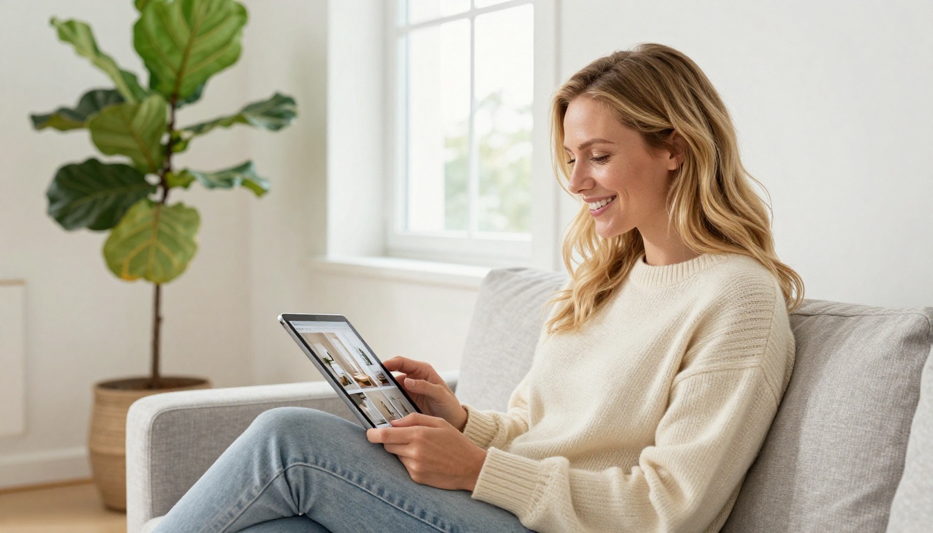 A woman browsing a home decor digital catalog on a tablet while relaxing on a sofa in a bright living room