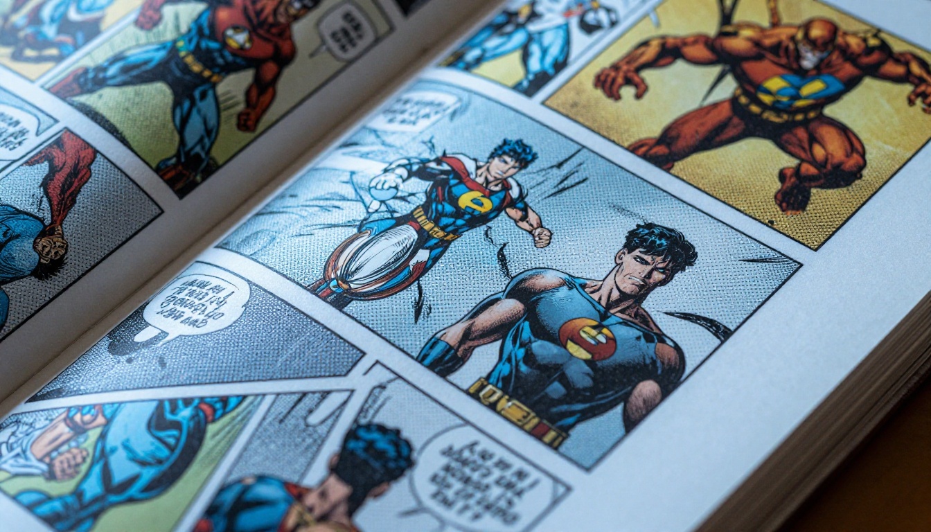 Comic book pages on a flatbed scanner showing halftone dot pattern and ink texture
