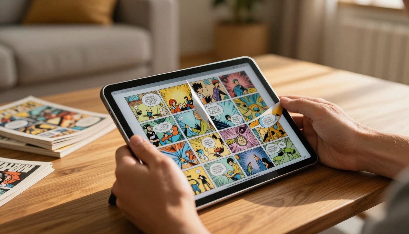 Man's hands holding a tablet displaying a comic book flipbook with realistic page-curl mid-animation