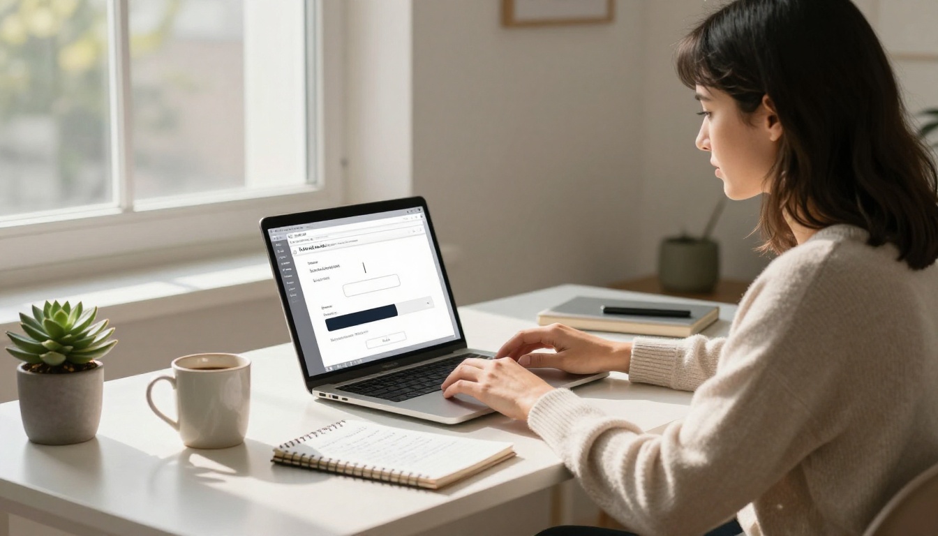 Woman uploading a PDF comic to a browser upload interface at her home office desk
