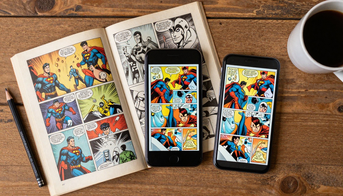 Aerial flat-lay of a physical comic book beside a smartphone showing the digital flipbook version