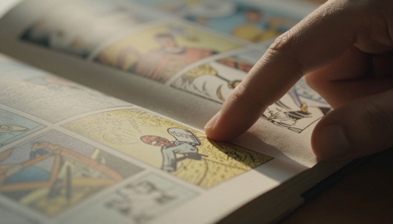 Close-up of fingers turning a physical comic book page mid-curl showing paper texture and halftone ink
