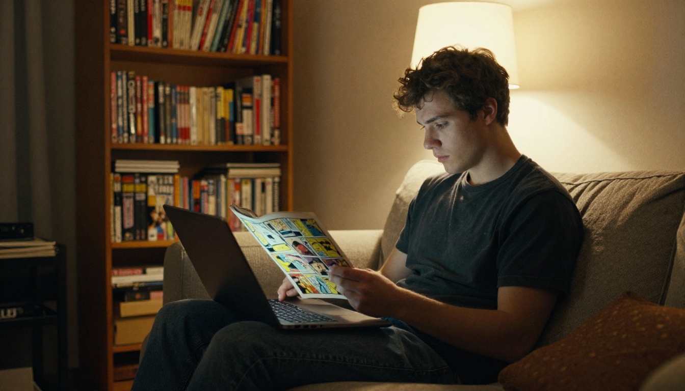 Young man reading a comic book flipbook on a laptop while relaxing on a couch at home