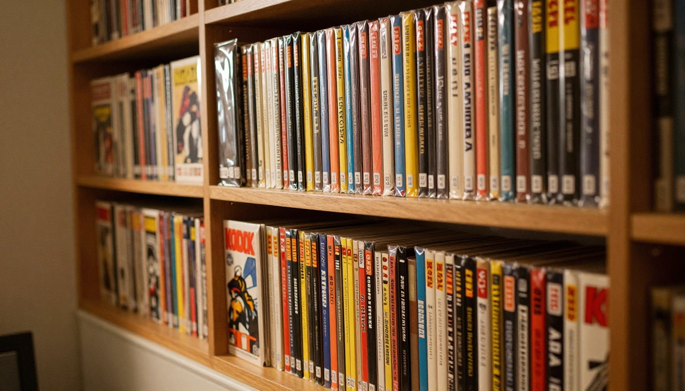 Neatly organized shelf of bagged and boarded comic books with colorful spines facing outward