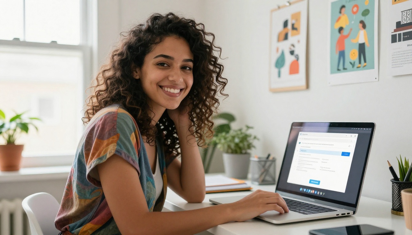 Young woman smiling while sharing her comic book flipbook link from her laptop at a bright home office