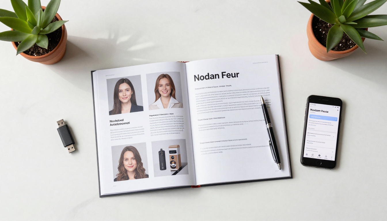 Flat lay overhead view of a professional press kit folder opened on a marble desk revealing headshots brand logos fact sheet and USB drive