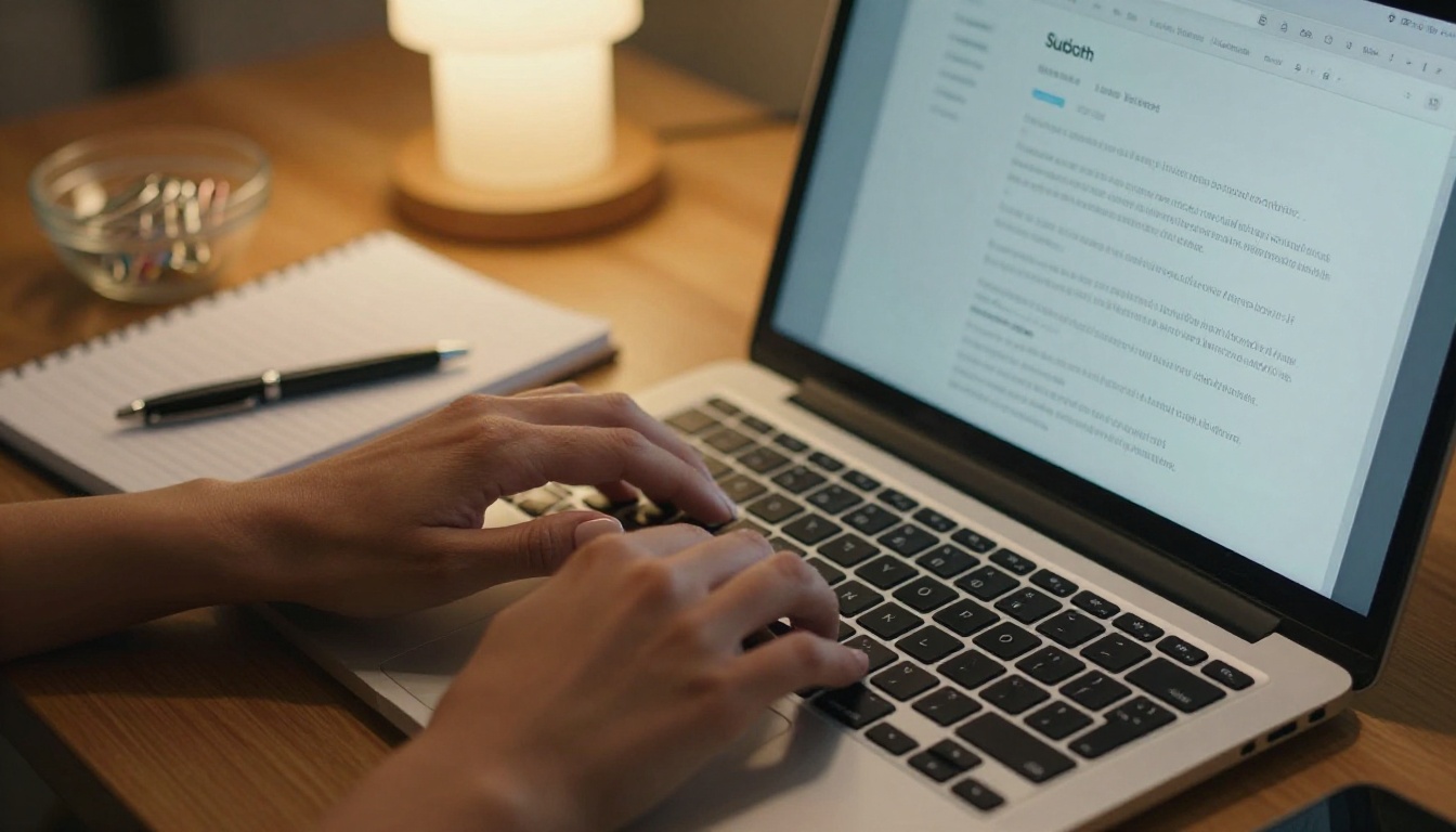 Close-up of hands typing personalized pitch email on silver laptop keyboard with journalist names handwritten on notepad nearby
