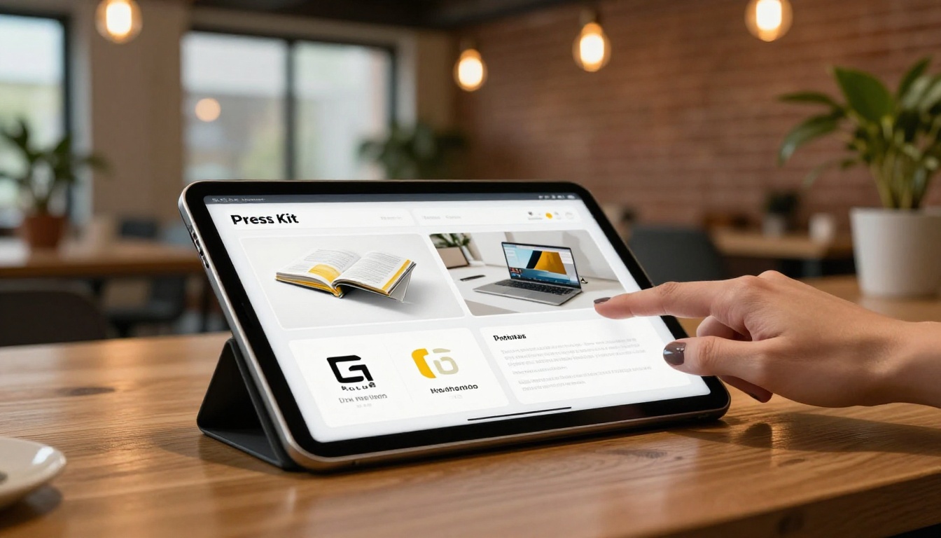 Modern tablet on wooden table displaying interactive digital flipbook press kit with page turn effect in warm agency office