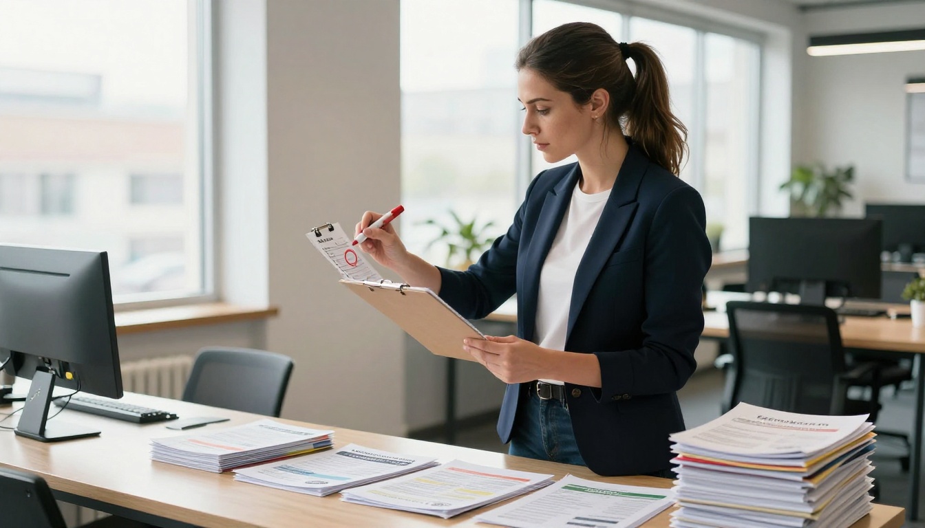 PR professional woman in navy blazer at standing desk reviewing printed media contact list on clipboard in bright co-working space