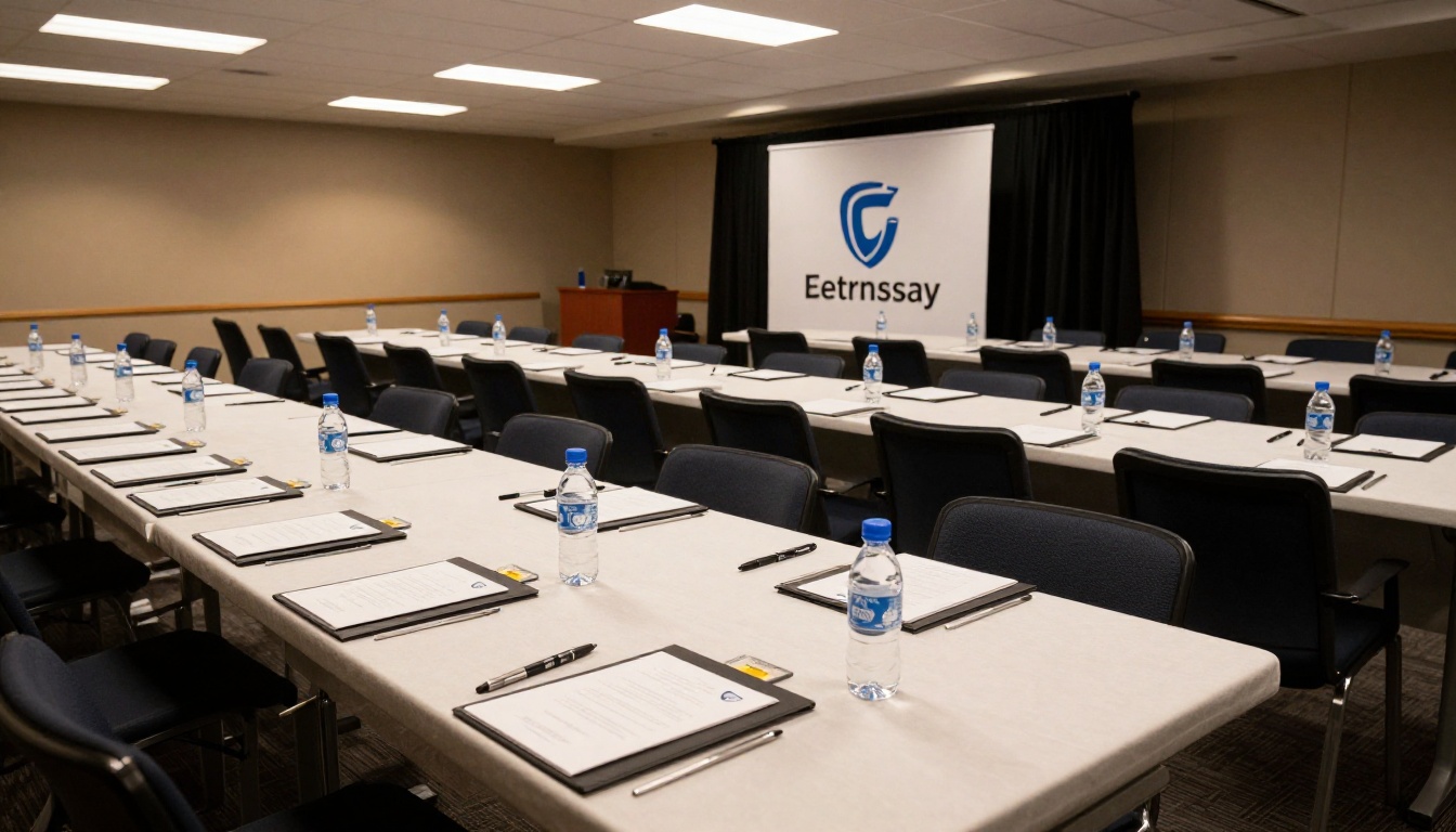 Wide angle shot of press conference room with branded media backdrop and embossed press kit folders on table with water bottles and branded pens