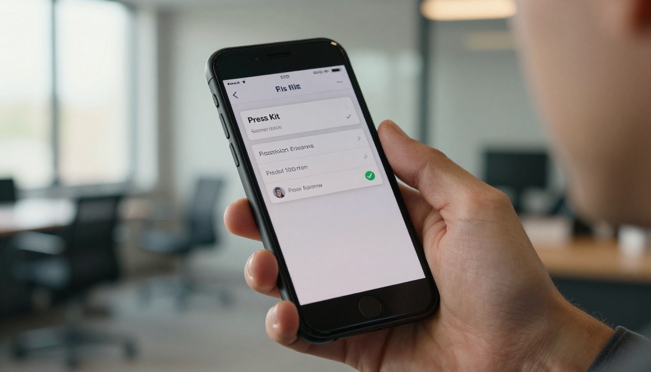 Close-up of smartphone screen showing press kit link opened notification with name and publication visible in blurred modern office