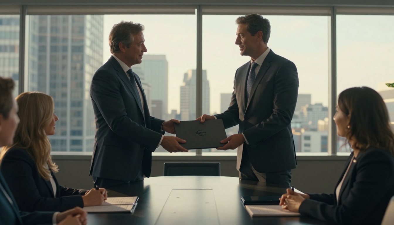 Confident male CEO in charcoal suit handing premium press kit folder to female editor across polished table in glass-walled conference room with city skyline