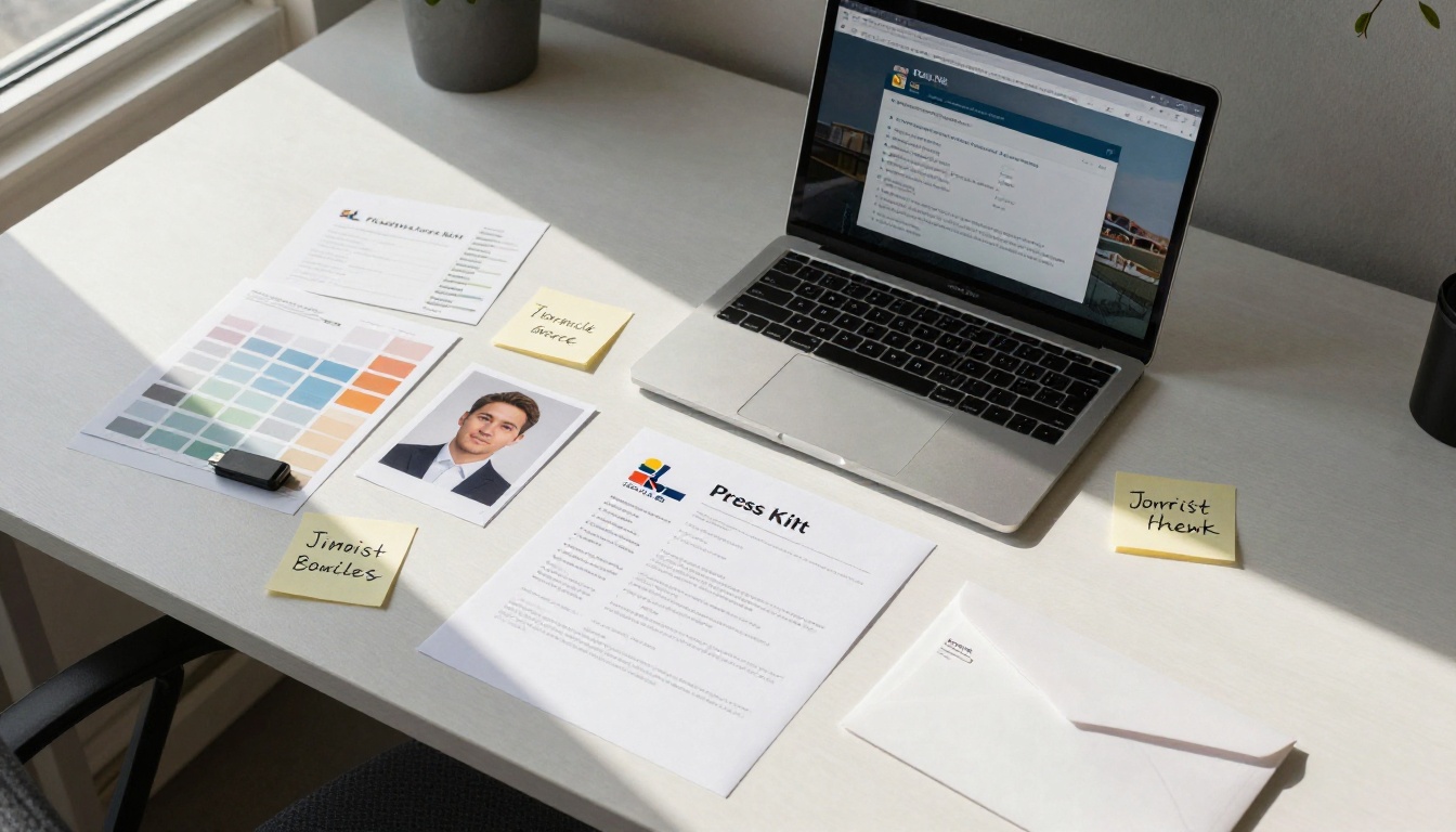 Aerial overhead shot of creative agency desk with laptop showing press kit template headshot prints logo sheets USB drive and sticky notes with journalist names